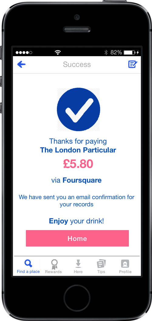 Screenshot on smartphone showing success for paying via Foursquare