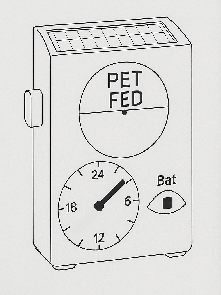3D line drawing of rectangular gadget Solar panel strip on top edge and 
 Front Face (Top to Bottom): Semi-circular window displays either "FEED PET" or "PET FED" on a rotating internal disc. Timer dial with 0–24 hour markings. Battery status window 120° arc window shows a rotating internal disc with current status OK.  