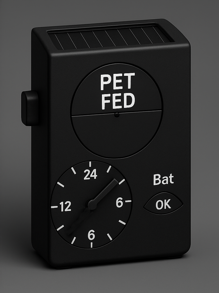 Rectangular gadget made of black plastic. Solar panel strip on top edge and 
 Front Face (Top to Bottom): Semi-circular window displays either "FEED PET" or "PET FED" on a rotating internal disc. Timer dial with 0–24 hour markings. Battery status window 120° arc window shows a rotating internal disc with current status OK.  